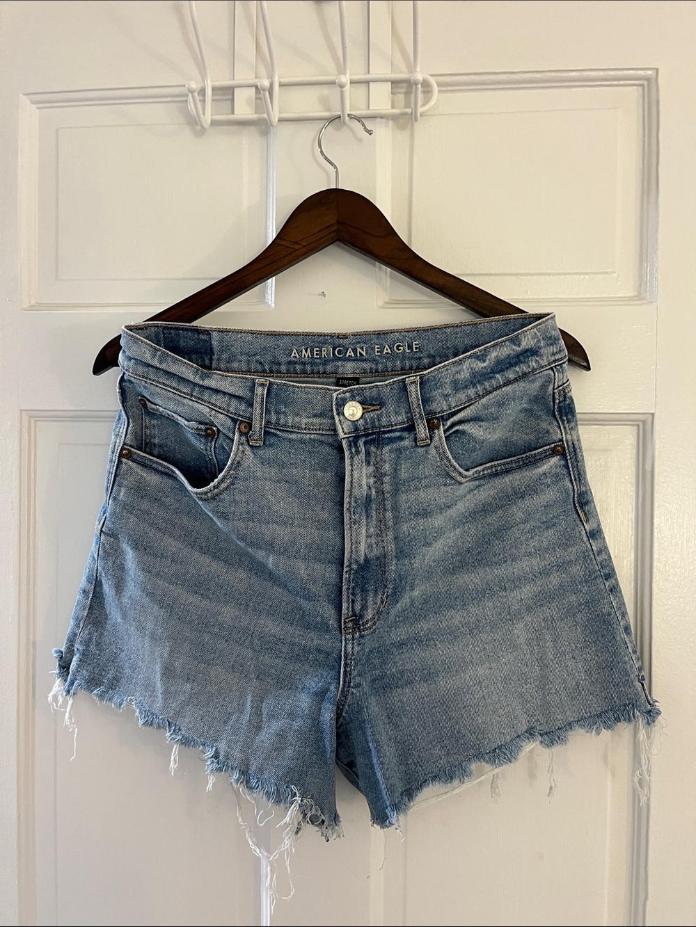 American Eagle Outfitters Light Blue High-Rise Frayed Hem Denim Shorts